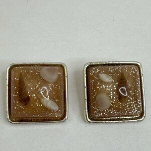 Acrylic EAR CLIPS Square with Tiny Shells ~ Vintage
